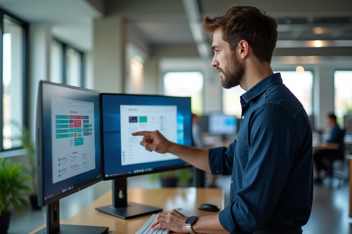 Administrateur universitaire comparant un intranet classique et une plateforme moderne de type Eduservices my campus sur deux écrans côte à côte