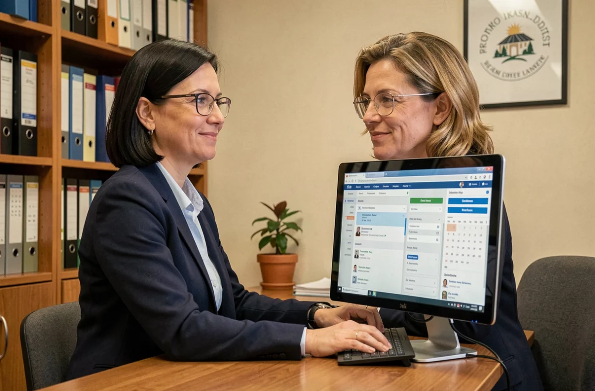 Administratrice scolaire gérant l'ENT de La Rochelle depuis son bureau
