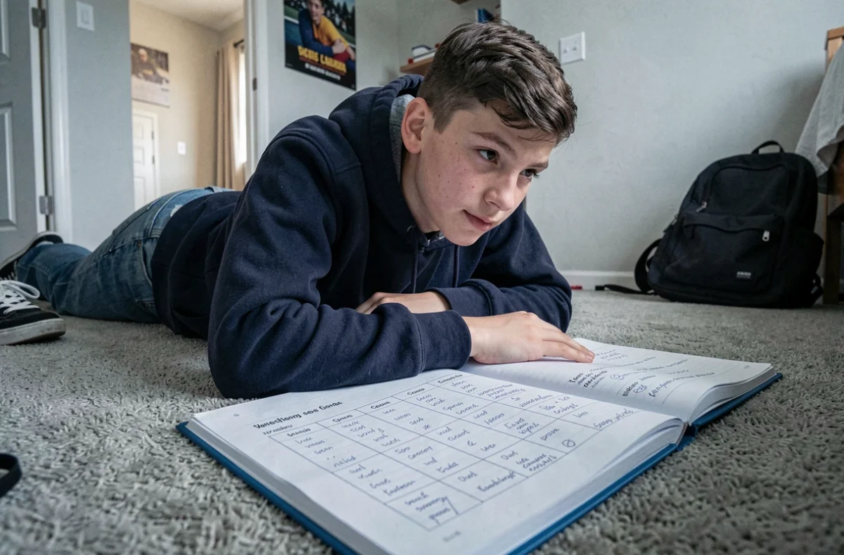 Adolescent étudiant les formes du passé simple espagnol avec un cahier de grammaire ouvert sur le sol de sa chambre