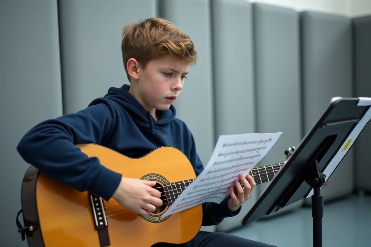 Adolescent guitariste classique perplexe devant une tablature PDF mal imprimée posée sur un pupitre en salle de répétition