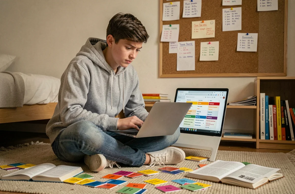 Adolescent révisant les temps de conjugaison espagnole avec des fiches et un ordinateur portable dans sa chambre