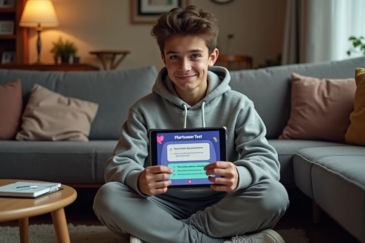 Adolescent réalisant le test Quel métier de l'Onisep sur une tablette à la maison