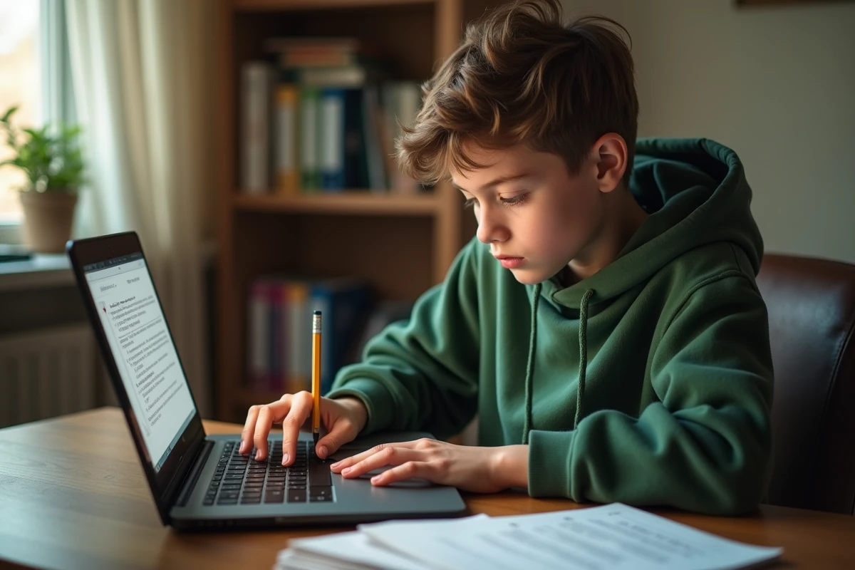 Adolescent relisant et annotant un texte argumentatif avec connecteurs logiques à son bureau à la maison