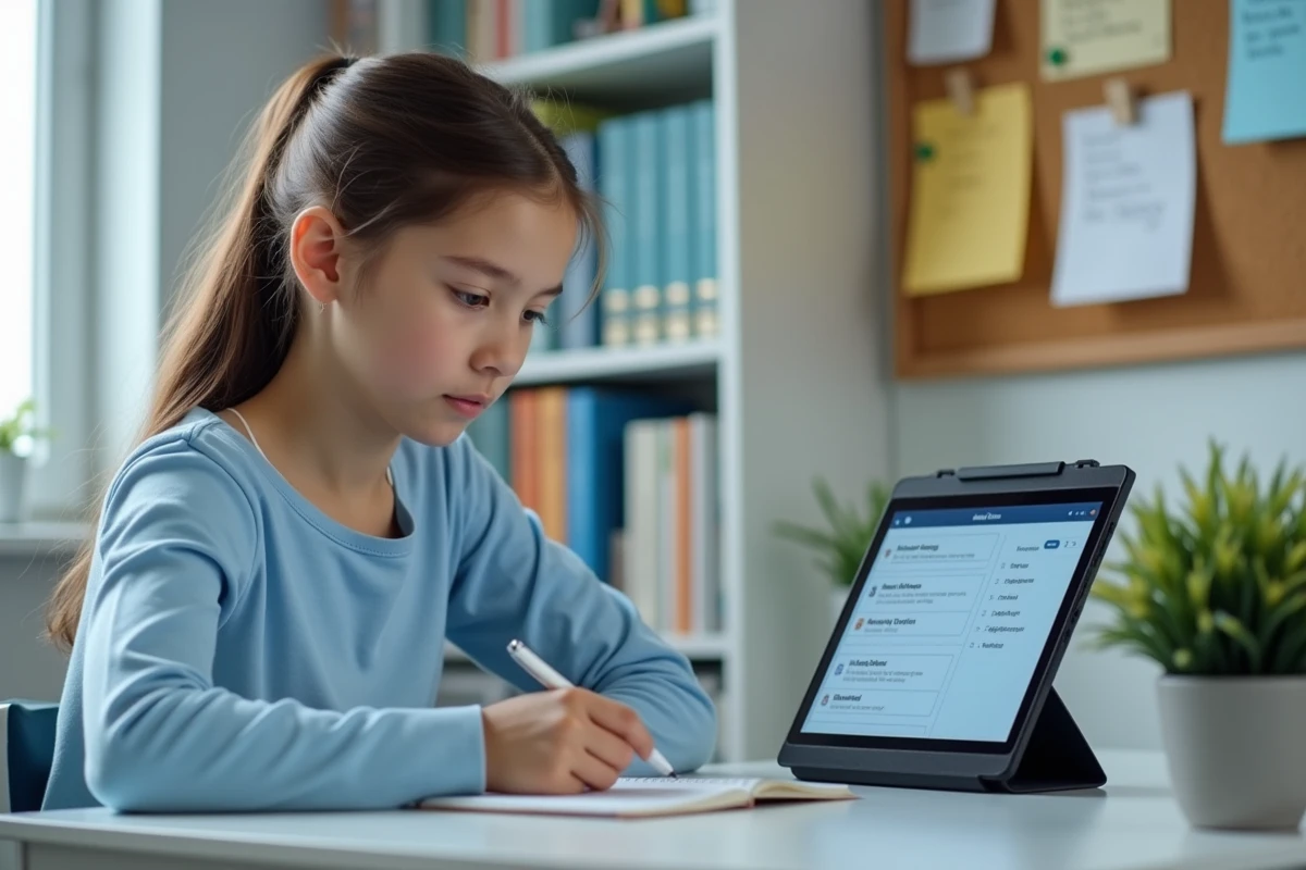 Une adolescente consulte ses devoirs et son emploi du temps sur une tablette via le Cybercollège dans sa chambre