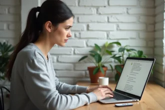 Femme tapant sur un clavier d'ordinateur portable pour afficher le caractère ñ en espagnol dans un document texte