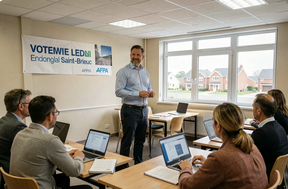 Formateur animant une session de formation linguistique professionnelle pour adultes à l'AFPA de Saint-Brieuc Langueux