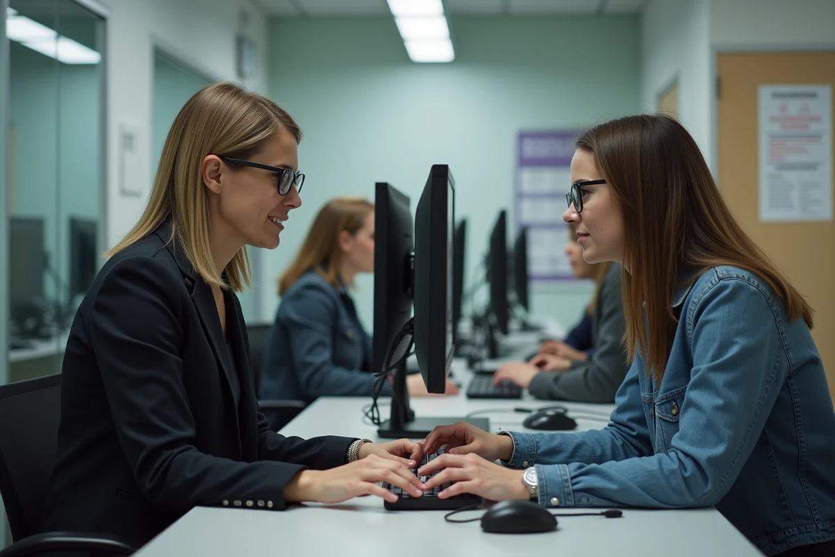 Femme aidant une étudiante à récupérer son mot de passe dans un centre informatique