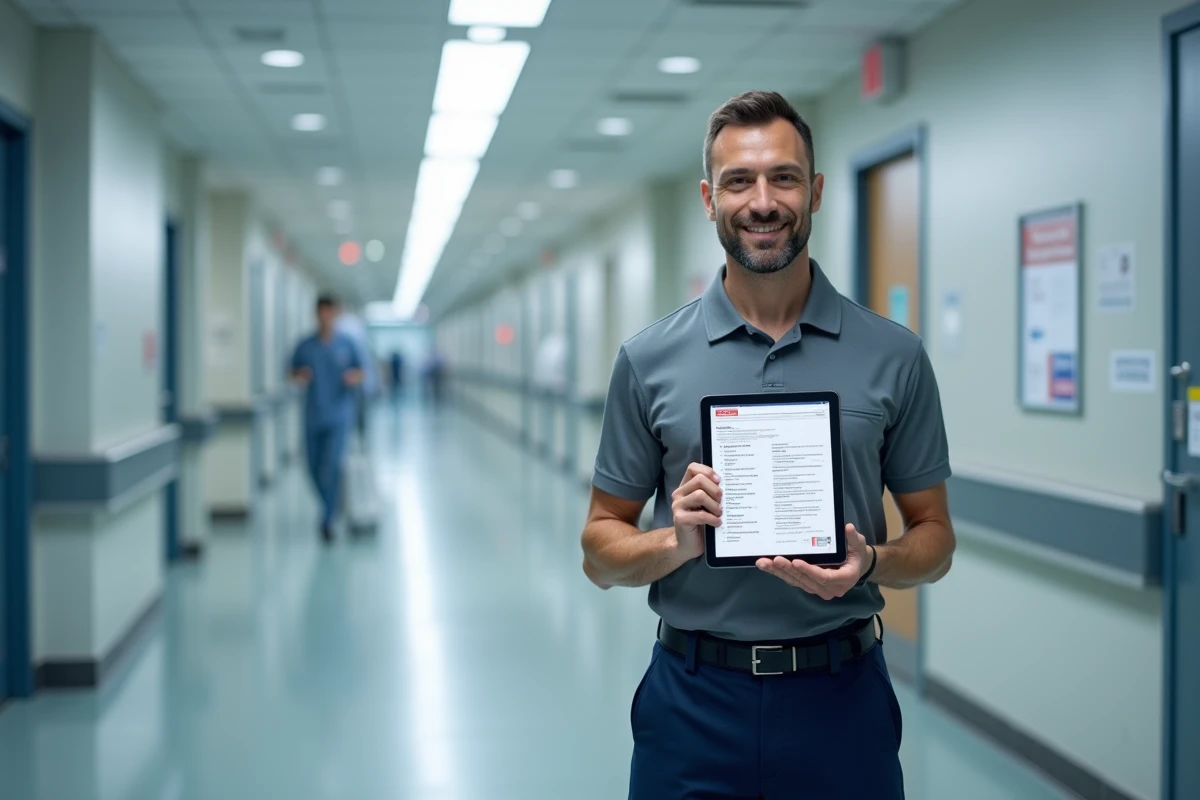 Aide-soignant masculin consultant son CV numérique dans un couloir d'hôpital suisse