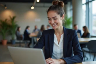 Jeune femme en alternance marketing digital révisant son CV sur un ordinateur portable dans un espace de coworking parisien moderne