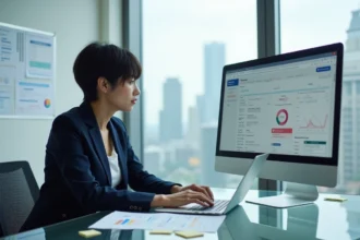 Femme professionnelle analysant les nouveautés d'une mise à jour logicielle 2026 sur son ordinateur portable au bureau