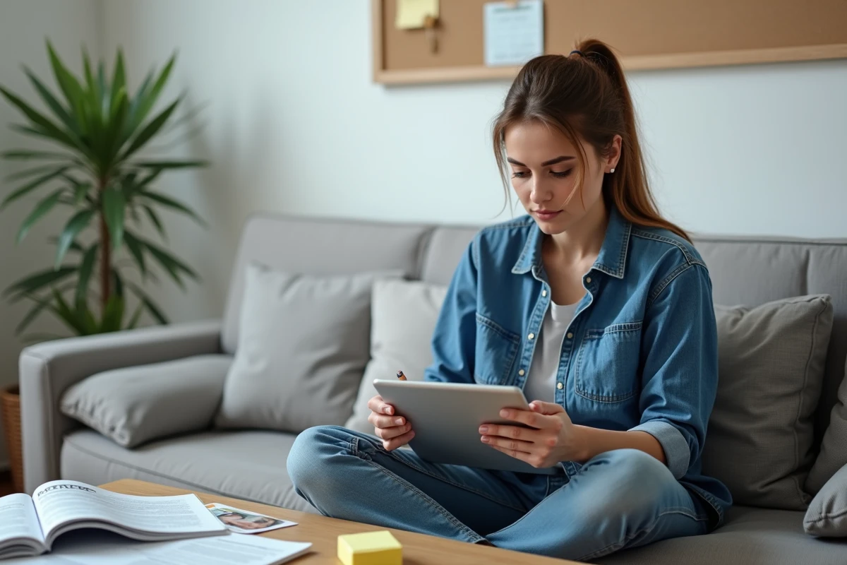 Femme analysant une page de tarifs de formation en bâtiment sur une tablette dans un salon, comparant les options de formation payante et d'autoapprentissage