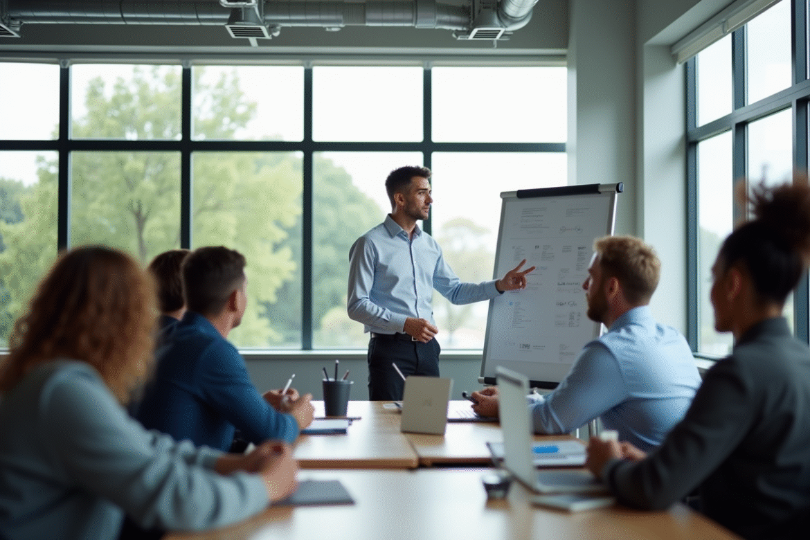 Formateur professionnel animant un atelier en entreprise