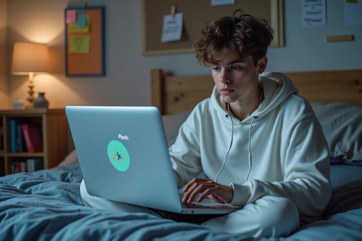 Adolescent apprenant à écrire la lettre ñ espagnole sur une application d'apprentissage des langues depuis sa chambre
