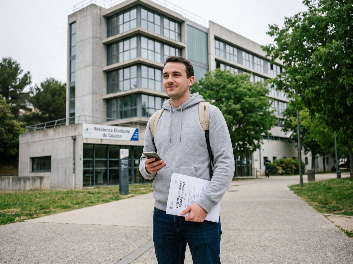 Apprenti devant une résidence étudiante moderne à Toulon avec liste de logements