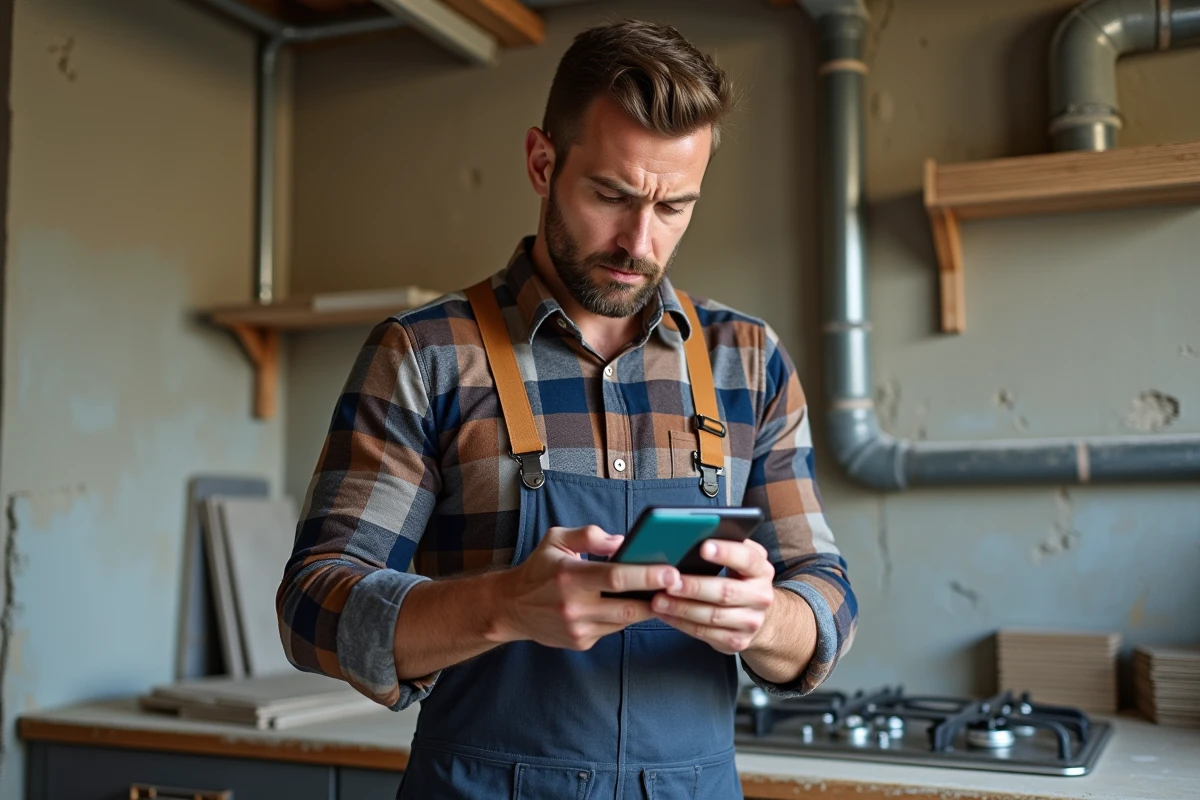 Artisan en pleine rénovation de cuisine consultant les tarifs d'EcoleDesTravaux sur son smartphone, pesant l'intérêt d'une formation professionnelle face à l'autoformation