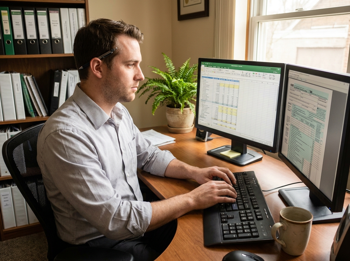Assistant comptable travaillant sur un logiciel de comptabilité avec double écran dans son bureau