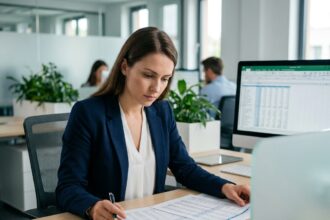 Assistante comptable analysant des feuilles de calcul financières dans un bureau moderne en 2026