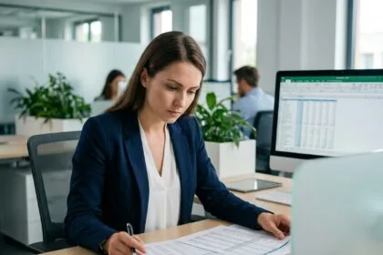 Assistante comptable analysant des feuilles de calcul financières dans un bureau moderne en 2026