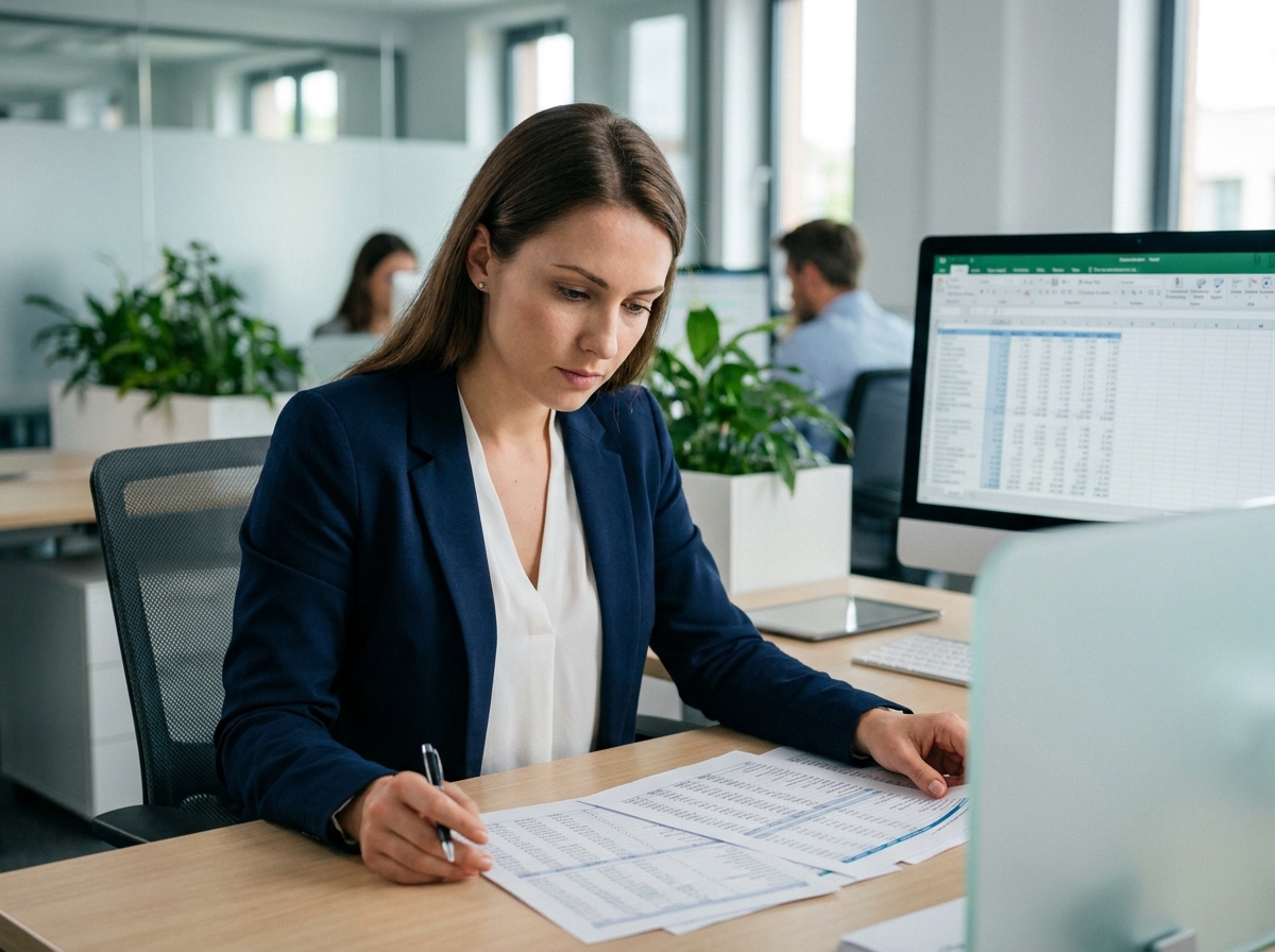 Assistante comptable analysant des feuilles de calcul financières dans un bureau moderne en 2026