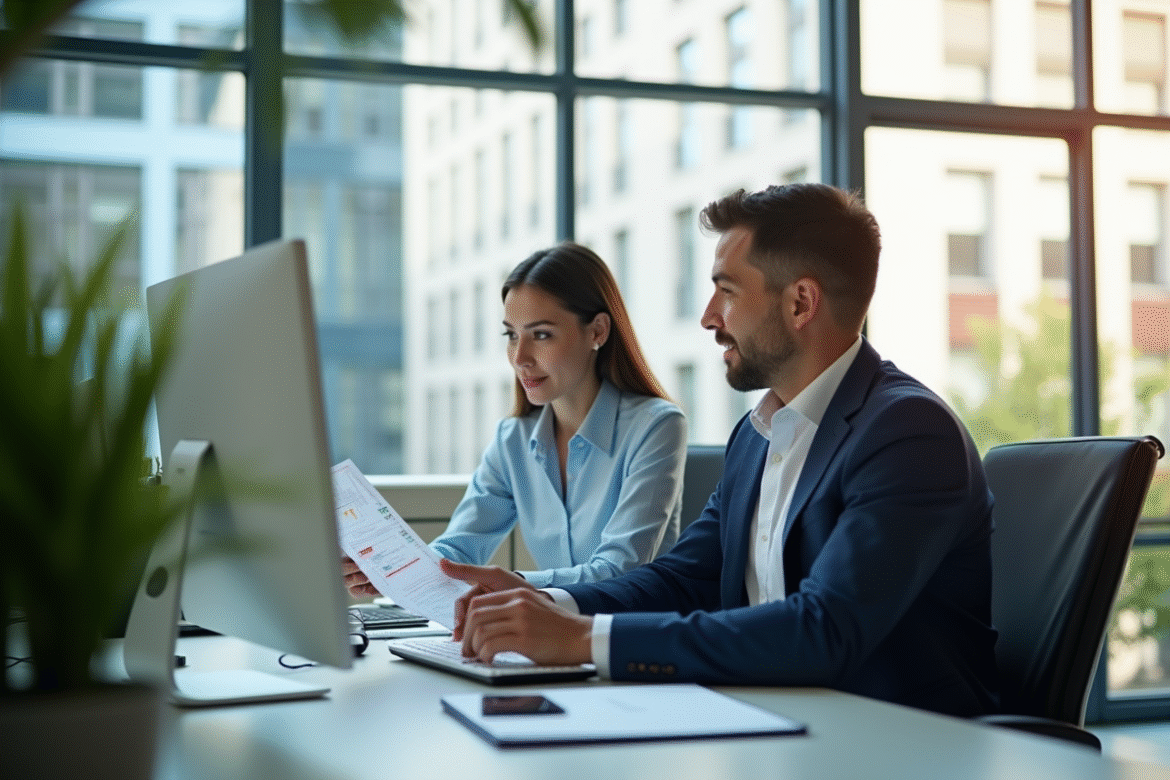 Bureau moderne avec deux personnes collaborant sur un ordinateur