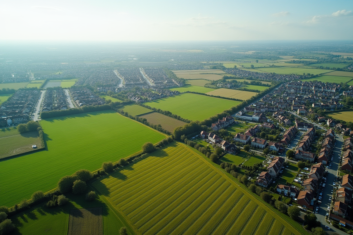 Paysage de champs agricoles et habitats modernes en périphérie