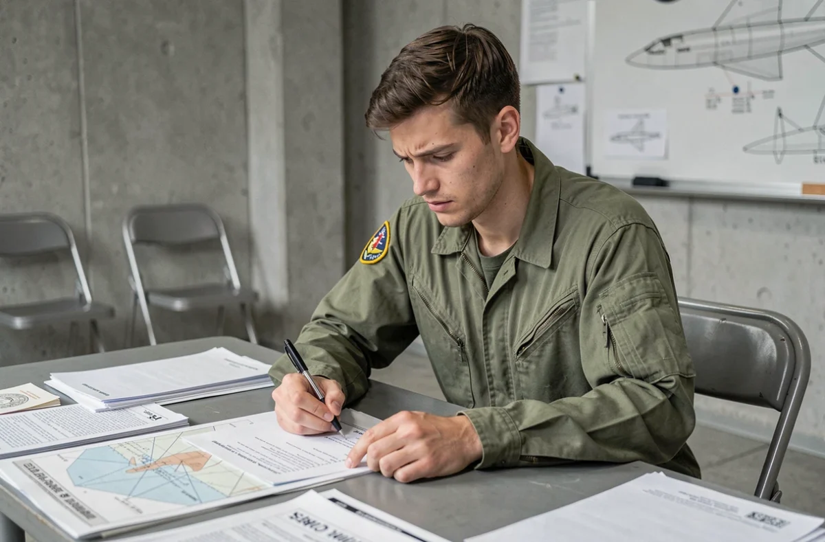 Jeune candidat pilote de chasse en combinaison de vol étudiant des cartes aéronautiques dans une salle de briefing militaire