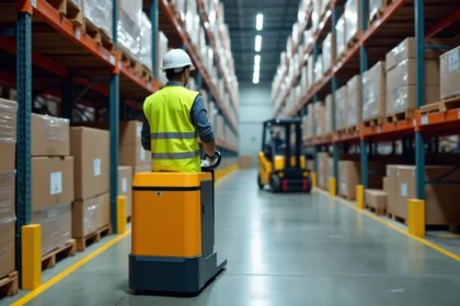 Cariste certifié CACES 1 opérant un préparateur de commandes électrique dans un entrepôt logistique moderne