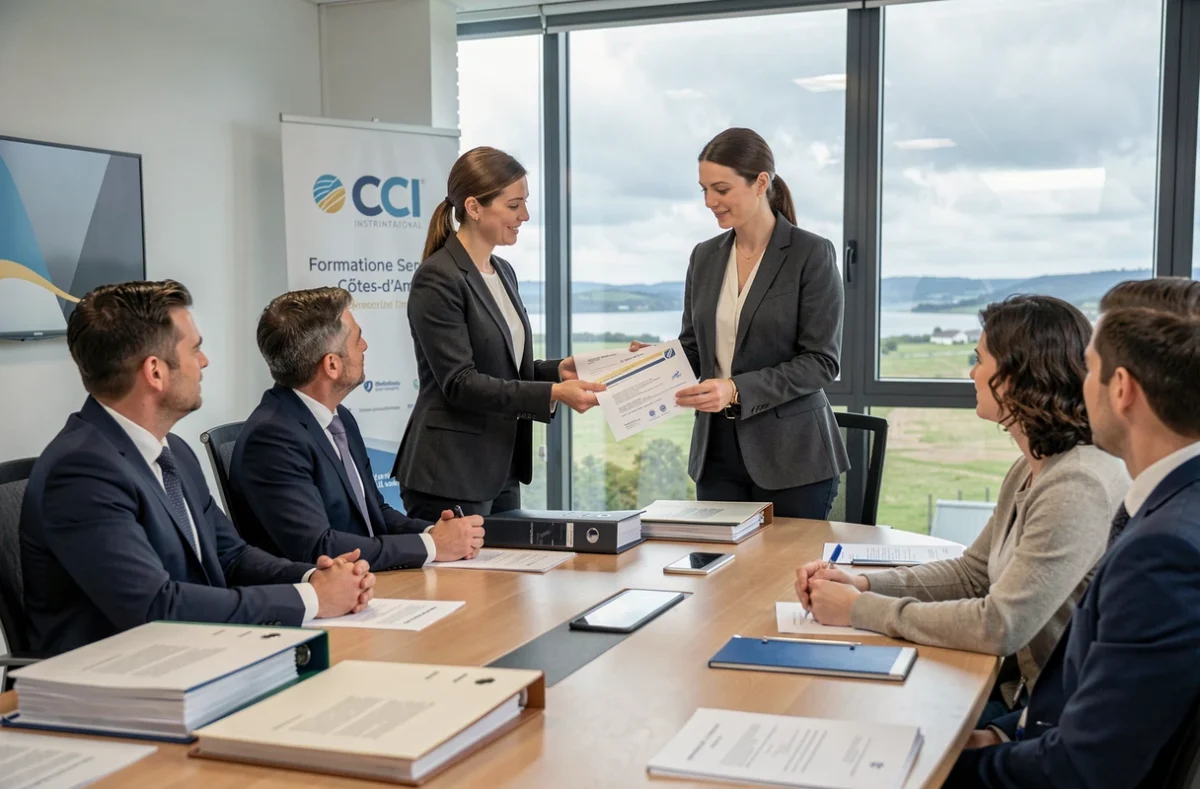 Conseillère en formation présentant des programmes de langues à des professionnels dans une salle de réunion de la CCI Formation Côtes-d'Armor
