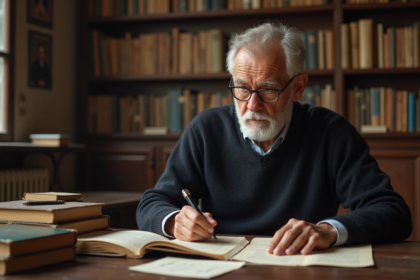 Chercheur âgé lisant des livres anciens en bibliothèque