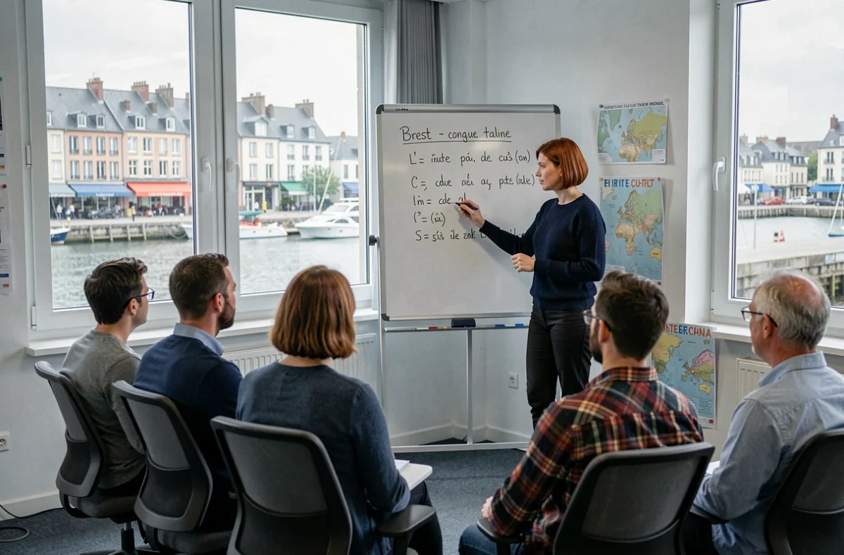 Enseignante de CIEL Bretagne à Brest écrivant des conjugaisons au tableau dans une salle de classe moderne donnant sur le port