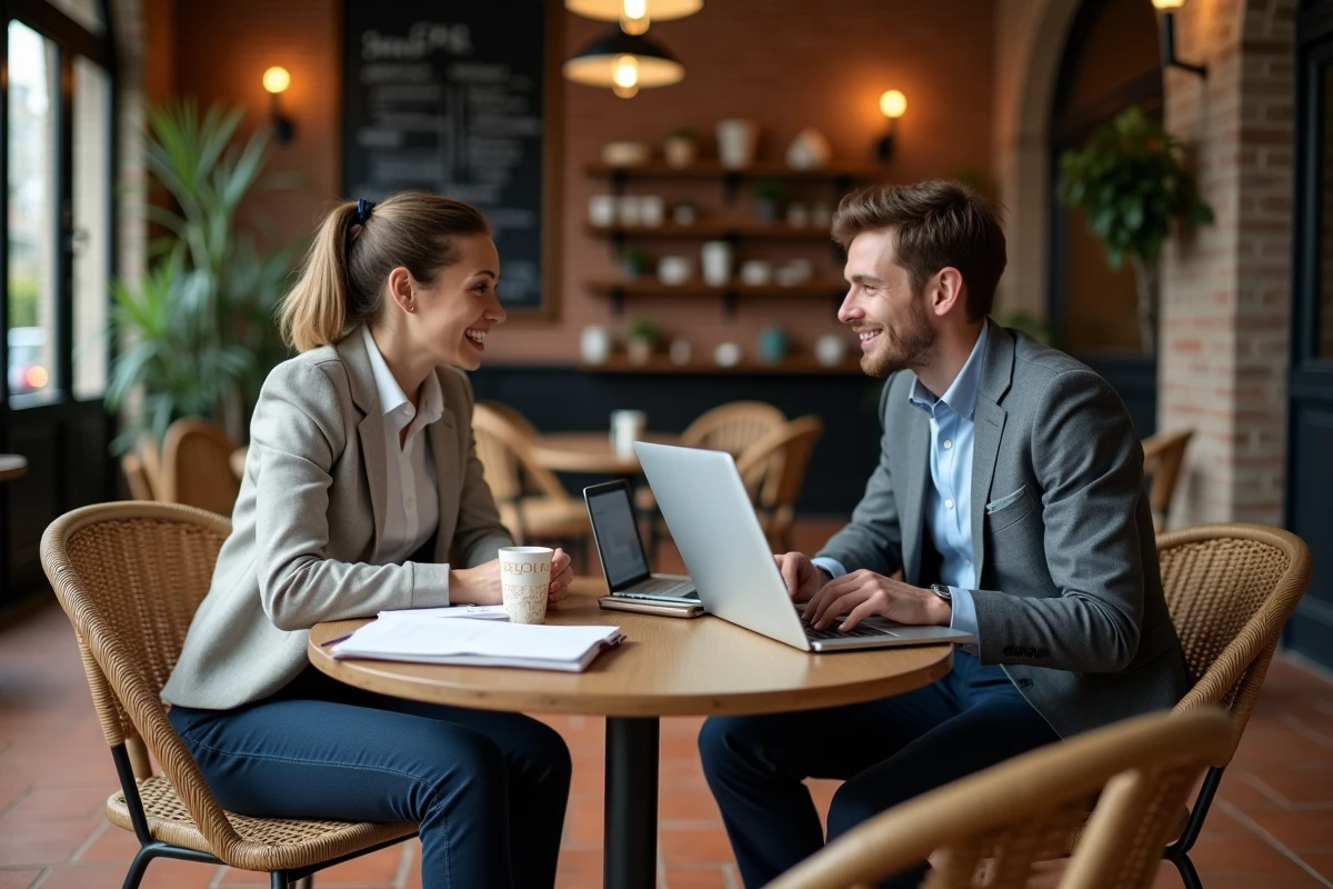 Deux étudiants en alternance marketing digital collaborant sur un CV dans un café parisien tendance avant de postuler chez Nexa