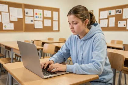 Collégienne utilisant l'ENT de La Rochelle sur un ordinateur portable en classe