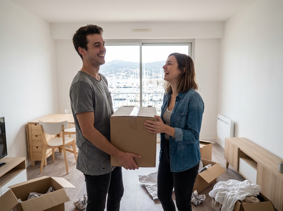 Deux alternants colocataires déballant leurs affaires dans un appartement partagé à Toulon