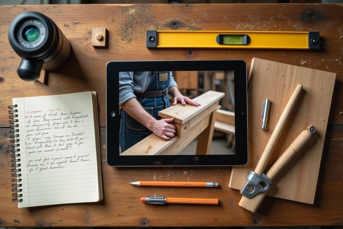 Comparaison entre supports de formation bricolage en ligne et en présentiel disposés côte à côte sur un établi en bois