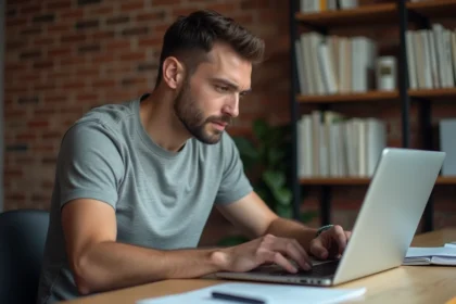 Homme comparant les prix d'une formation en ligne EcoleDesTravaux et une solution d'autoformation sur deux ordinateurs portables posés sur un bureau en bois