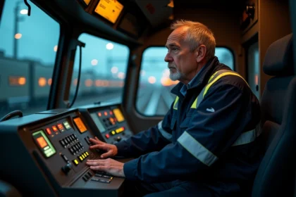 Conducteur de train de nuit dans la cabine d'une locomotive