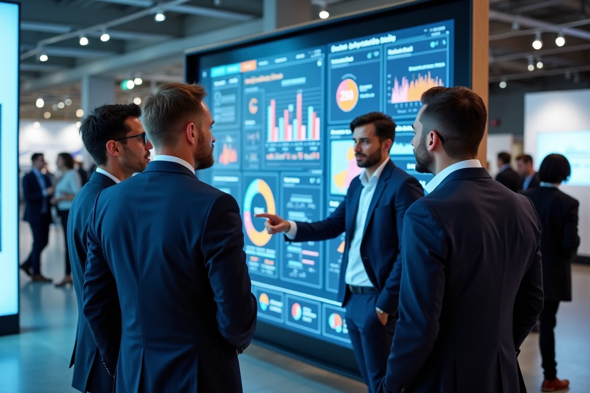 Groupe de professionnels consultant un écran interactif lors d'une conférence sur le numérique à Paris en 2026