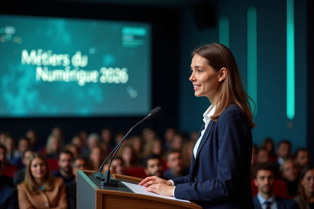 Femme professionnelle présentant les tendances des métiers du numérique en 2026 lors d'une conférence à Paris