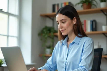 Femme professionnelle se connectant à son espace personnel Melouvert sur un ordinateur portable dans un bureau moderne