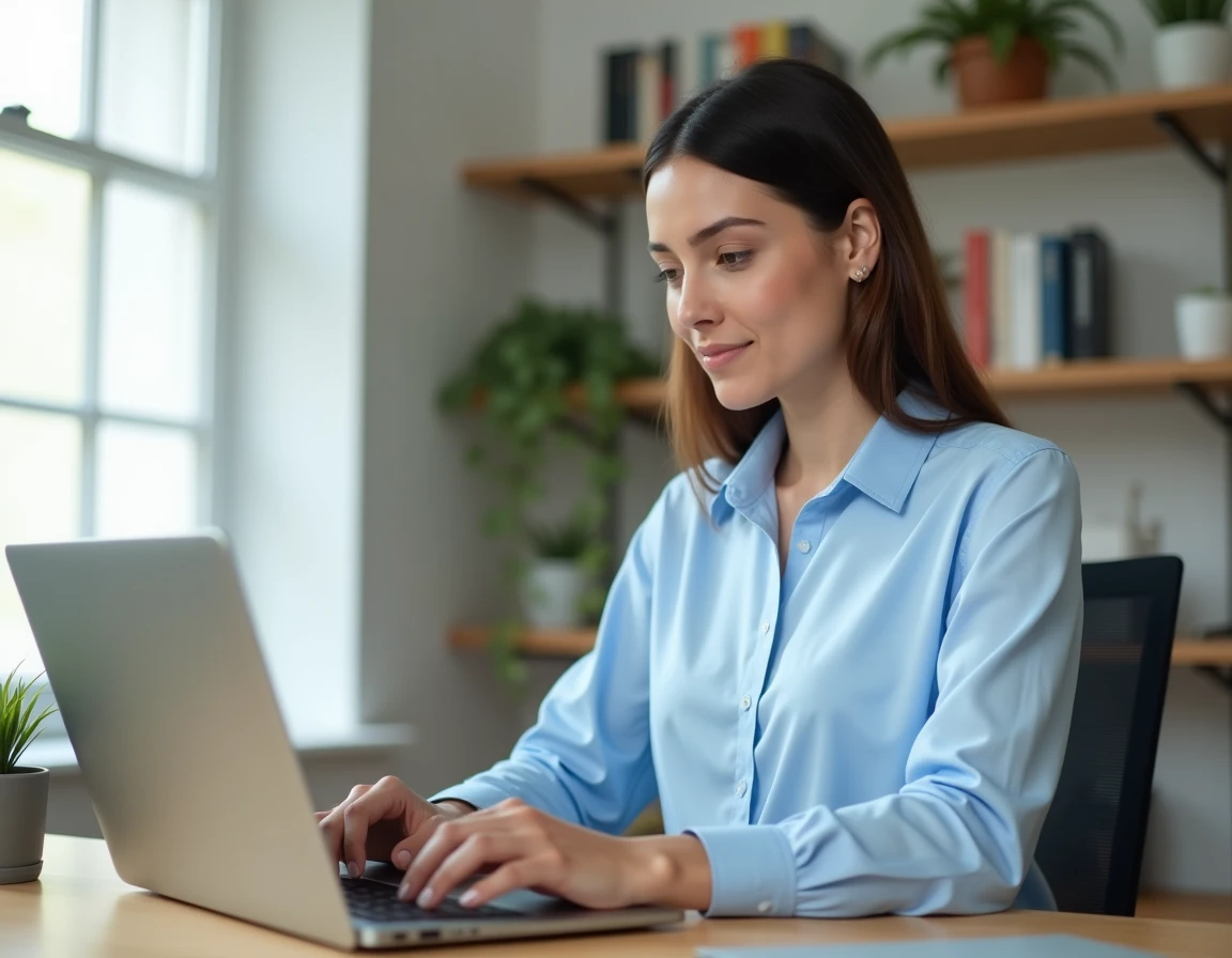Femme professionnelle se connectant à son espace personnel Melouvert sur un ordinateur portable dans un bureau moderne