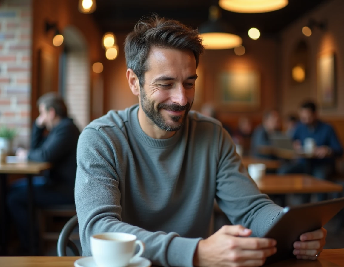 Homme utilisant une tablette pour se connecter au portail Melouvert Orléans Tours dans un café
