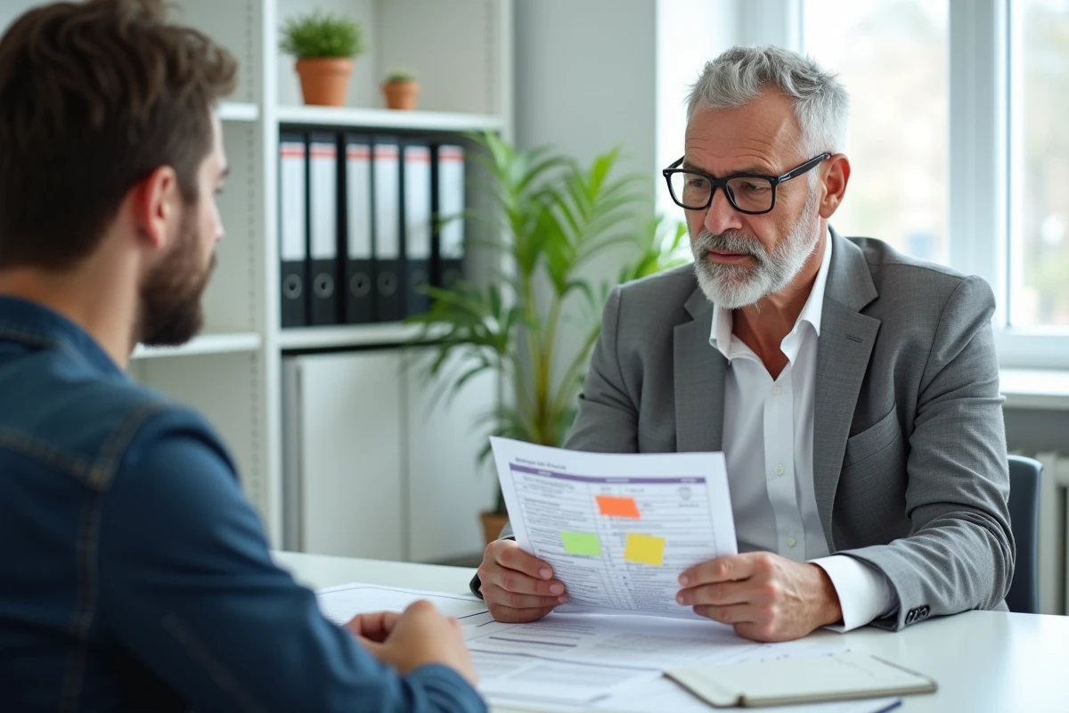 Conseiller en formation expliquant les options de financement d'une formation menuiserie à un futur stagiaire dans un bureau administratif