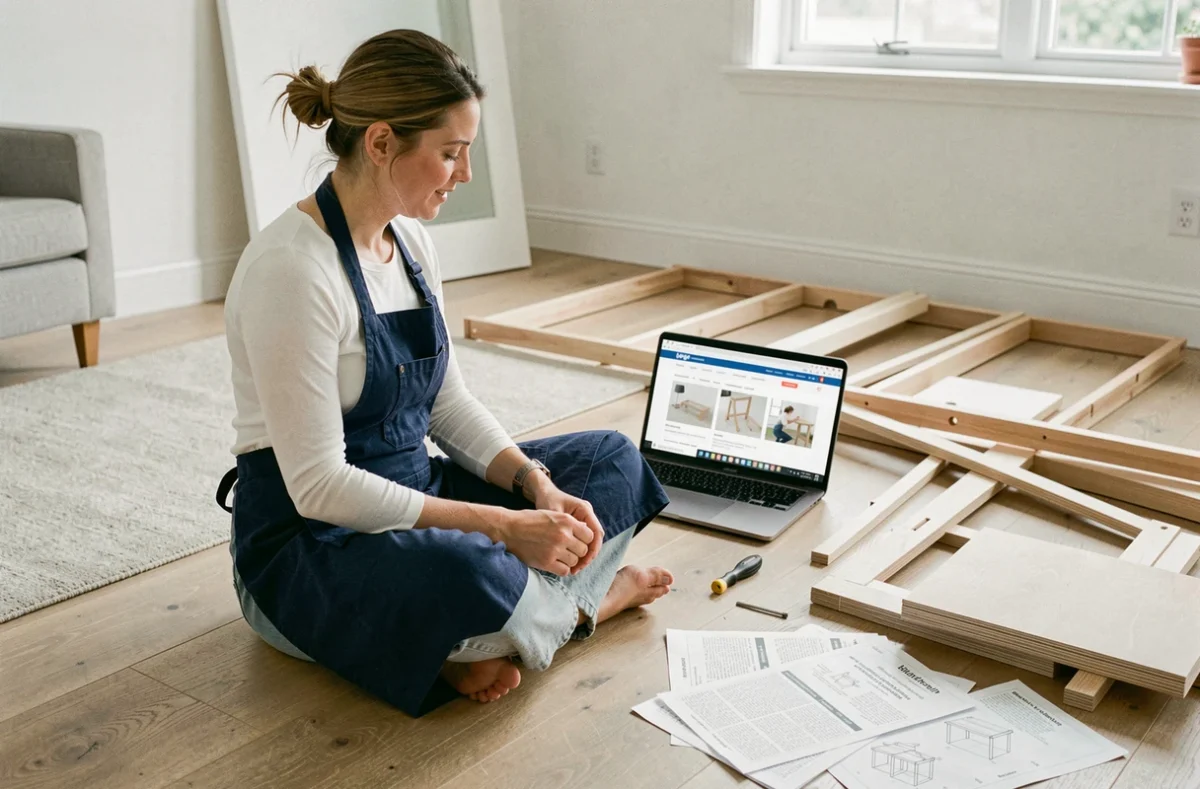 Femme débutante en bricolage assise sur un parquet entourée de pièces de meuble en kit et consultant un tutoriel DIY sur ordinateur portable