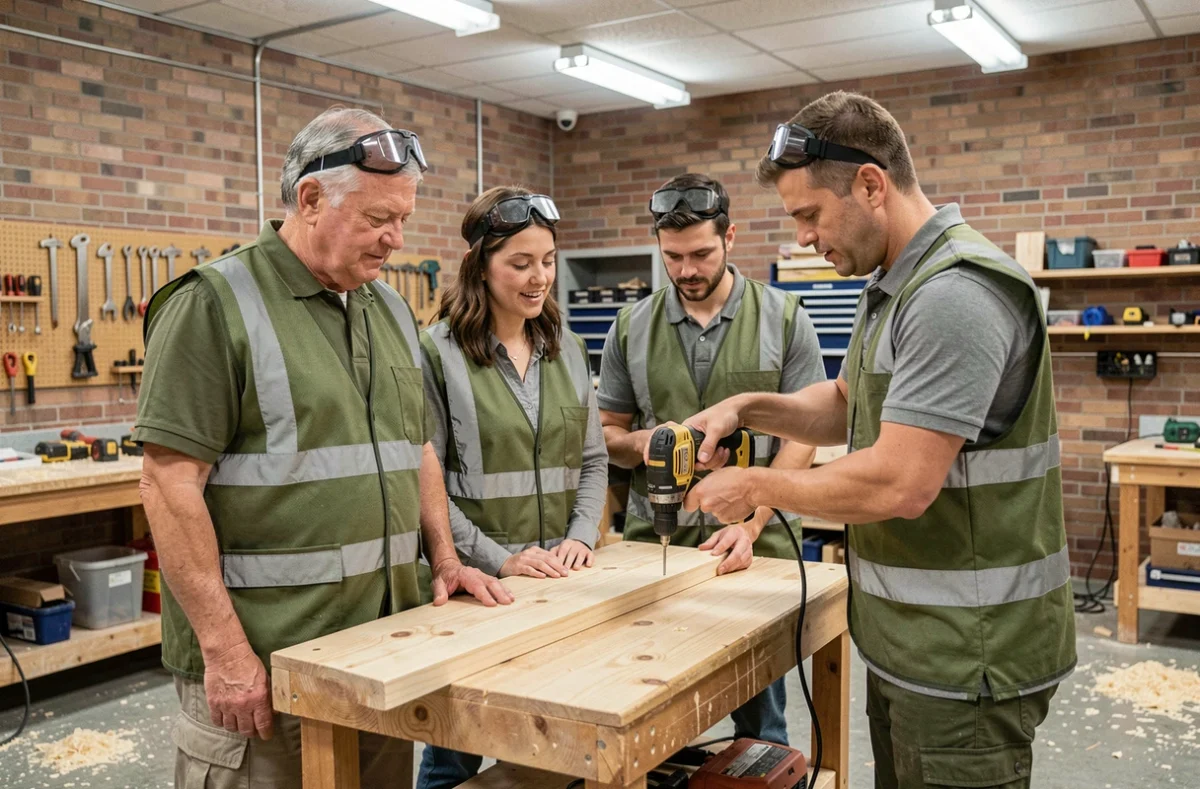 Groupe d'adultes débutants en cours de bricolage pratique autour d'un instructeur démontrant l'utilisation d'une perceuse dans un atelier pédagogique