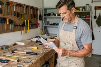 Homme adulte débutant en bricolage examinant un livret d'instructions sur un établi en bois dans un atelier de garage réaliste