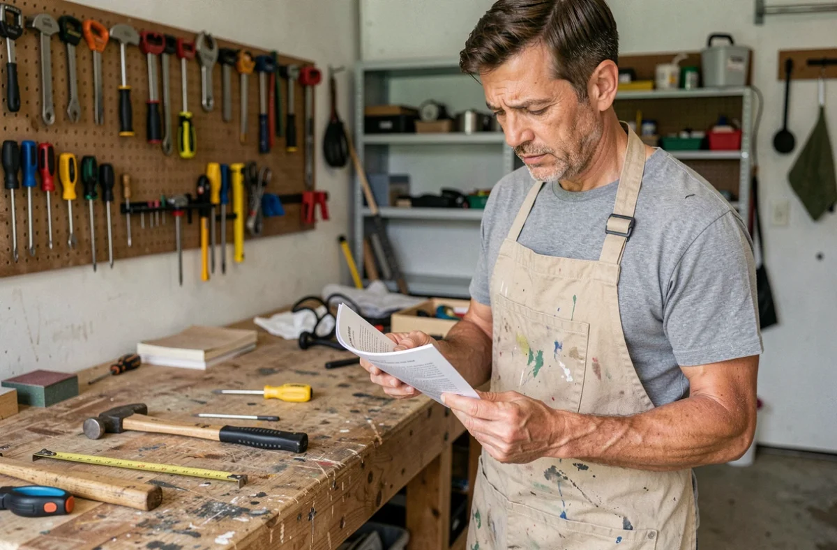 Homme adulte débutant en bricolage examinant un livret d'instructions sur un établi en bois dans un atelier de garage réaliste