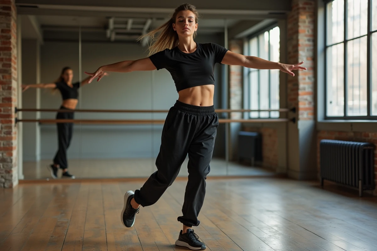 Jeune femme pratiquant la danse hip-hop dans un studio de danse urbain à Lille avec parquet en bois et murs en briques