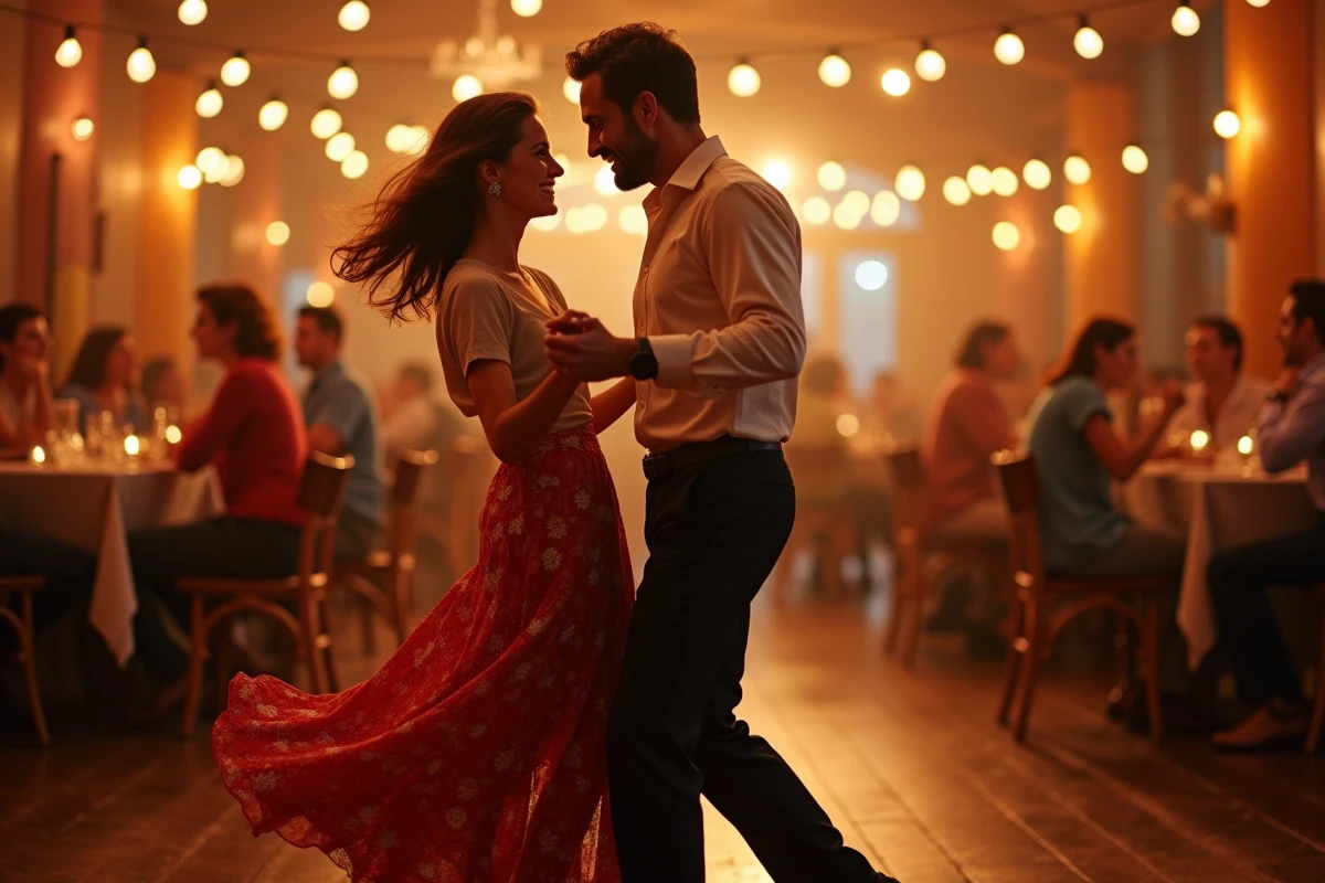 Couple dansant la salsa dans une salle de danse latino à Lille avec décoration vintage et parquet en bois