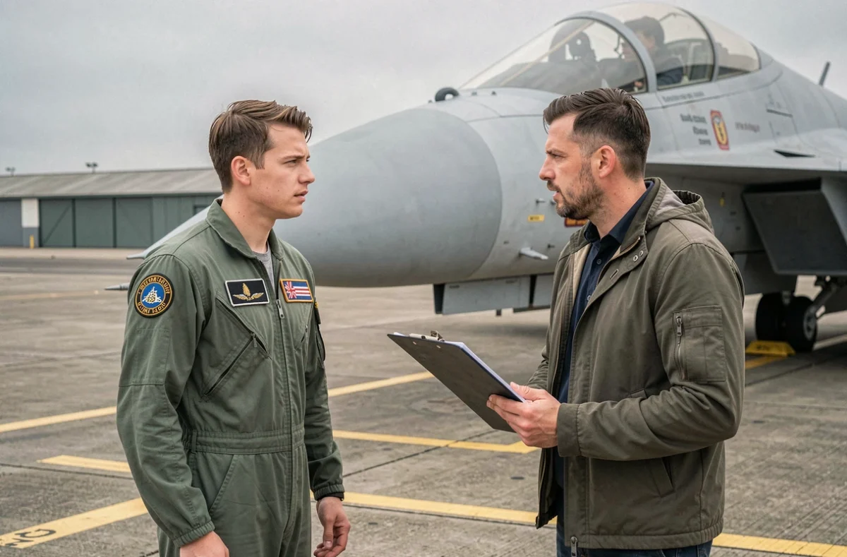 Debriefing entre un instructeur et un stagiaire pilote de chasse sur le tarmac d'une base aérienne militaire devant un avion de combat