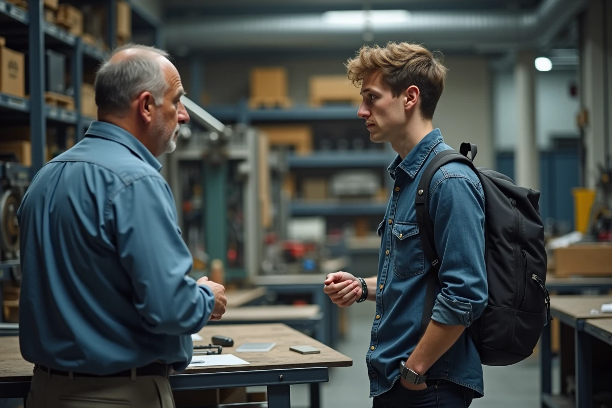 Jeune homme en discussion avec un mentor dans un atelier d